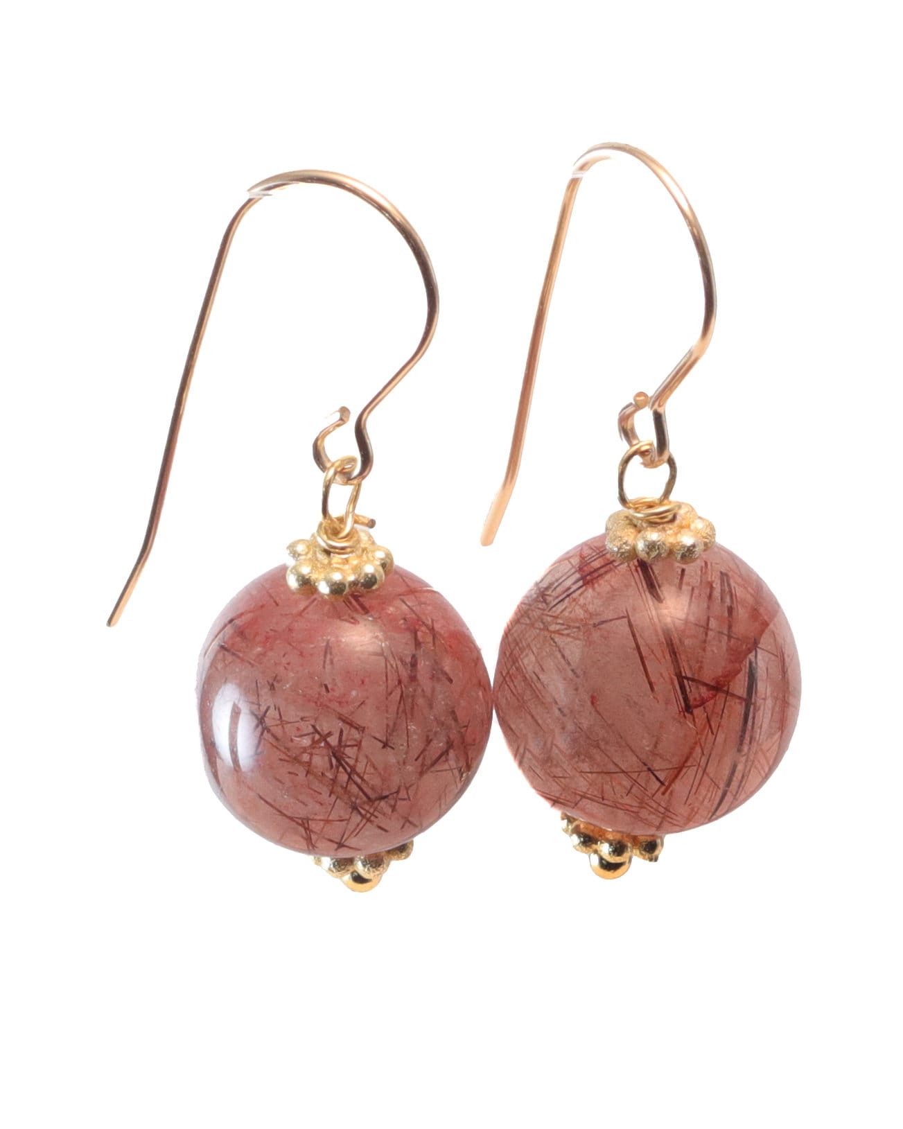 Rutile Tourmalinated Quartz Earrings Round Smooth Red Bronze Sterling Silver Or 14k Solid Gold Or Fill Rutilated Drops Natural Rutilation
