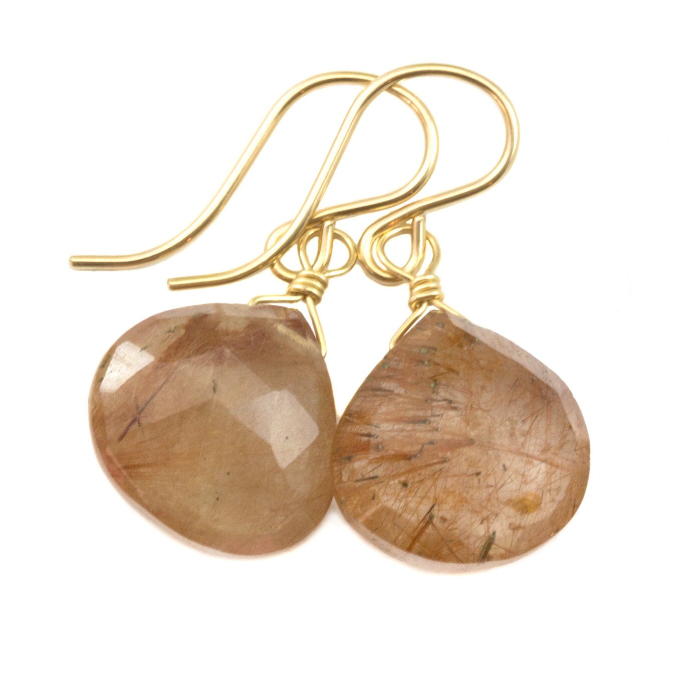 Rutile Tourmalated Quartz Earrings Rutile Faceted Hearts Sterling Silver Or 14k Solid Gold Or Fill Bronze Rutilated Drops Natural Rutilation