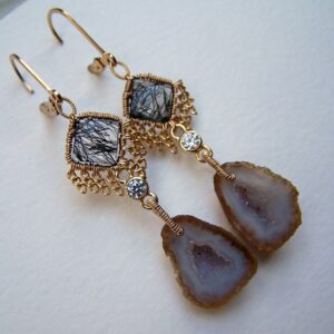 Tabasco Geode Druzy Earrings: 14k Gold Filled, Tourmalinated Quartz