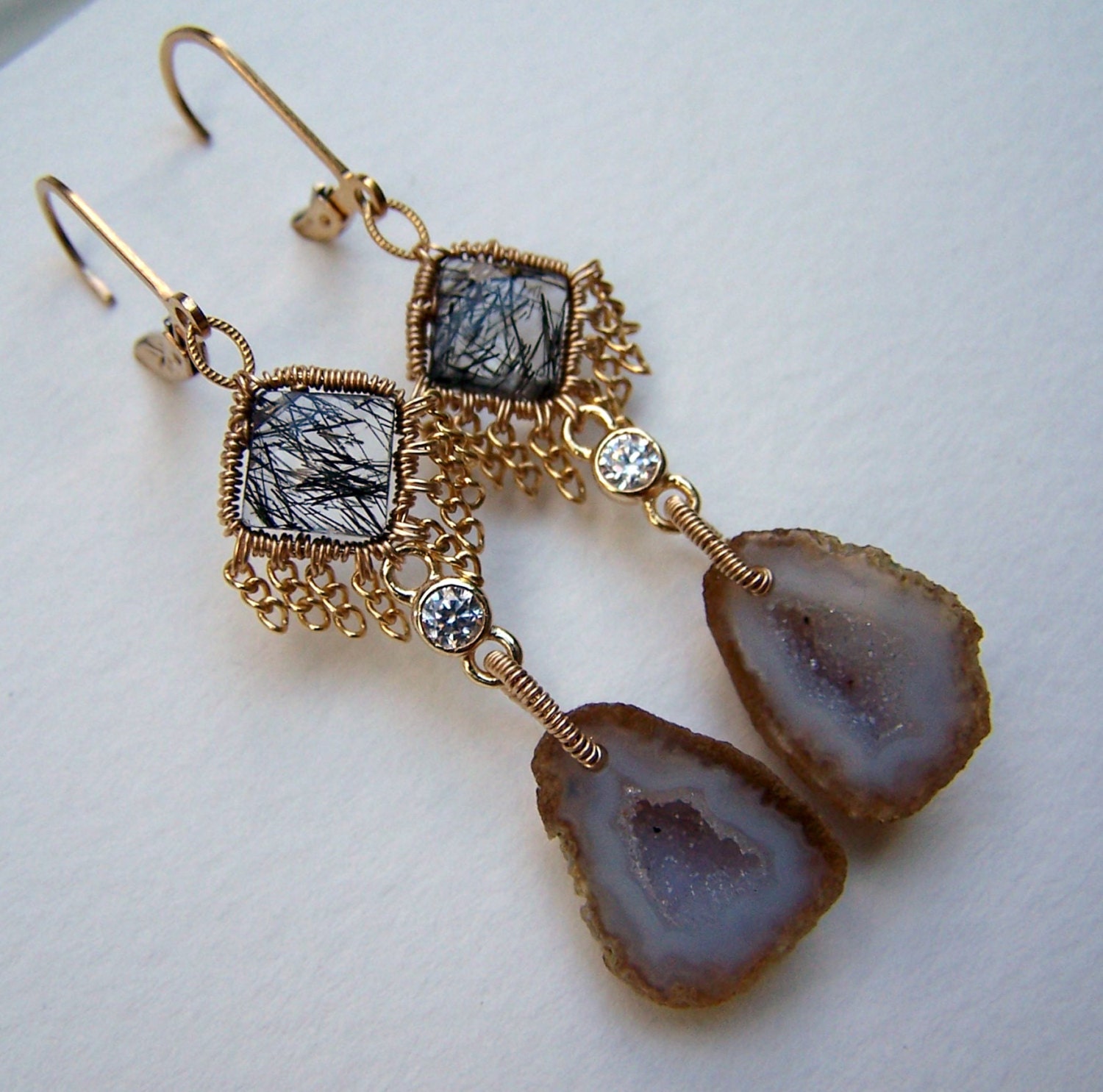 Tabasco Geode Druzy Earrings: 14k Gold Filled, Tourmalinated Quartz