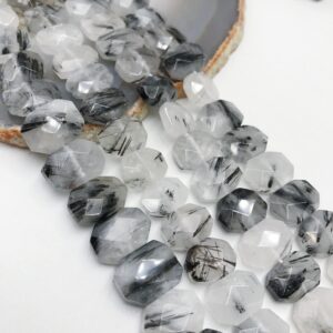 Black Tourmalinated Quartz Rectangle Faceted Octagon Beads 10x14mm 15.5" Strand