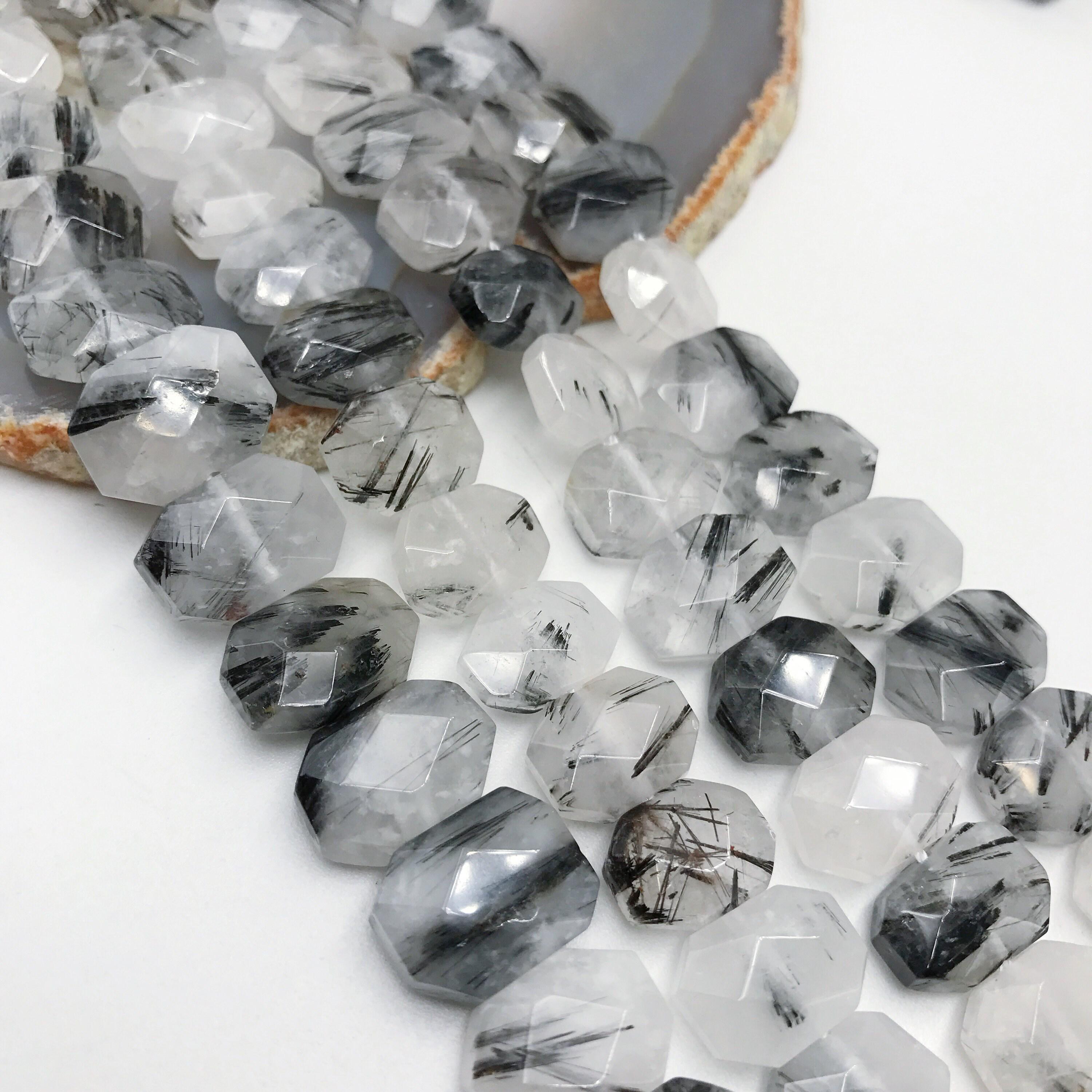 Black Tourmalinated Quartz Rectangle Faceted Octagon Beads 10x14mm 15.5" Strand