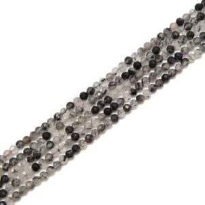 Black Tourmalinated Quartz Faceted Round Beads Size 2mm 3mm 4mm 15.5" Strand