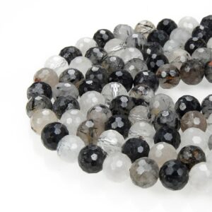 Black Tourmalinated Quartz Faceted Round Beads 4mm 6mm 7mm 8mm 10mm 15.5" Strand