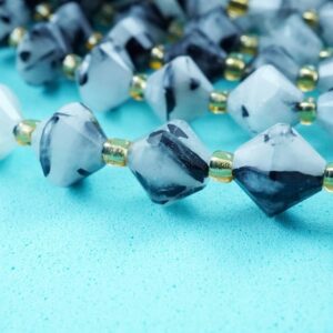 Black Tourmalated Quartz Beads (Bicone)(Faceted)(8mm)(16"Strand)