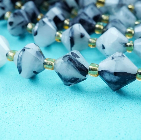 Black Tourmalated Quartz Beads (bicone)(faceted)(8mm)(16"strand)