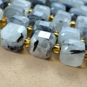 Black Tourmalated Quartz Beads (Cube)(Faceted)(8mm)(15"Strand)