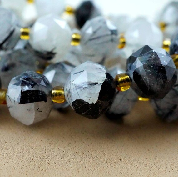 Black Tourmalated Quartz Beads (rondelle)(triangle-faceted)(10x8mm)(15.5"strand)