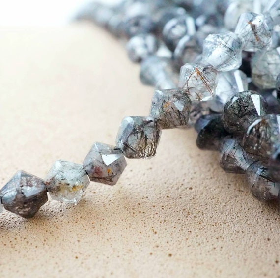Black Tourmalated Quartz Beads (bicone)(micro)(faceted)(4mm)(15.5"strand)