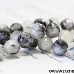 M/ Tourmalinated Quartz 12mm/ 10mm Faceted Round Beads 16" Strand Natural Rutilated Quartz Gemstone Beads For Jewelry Making