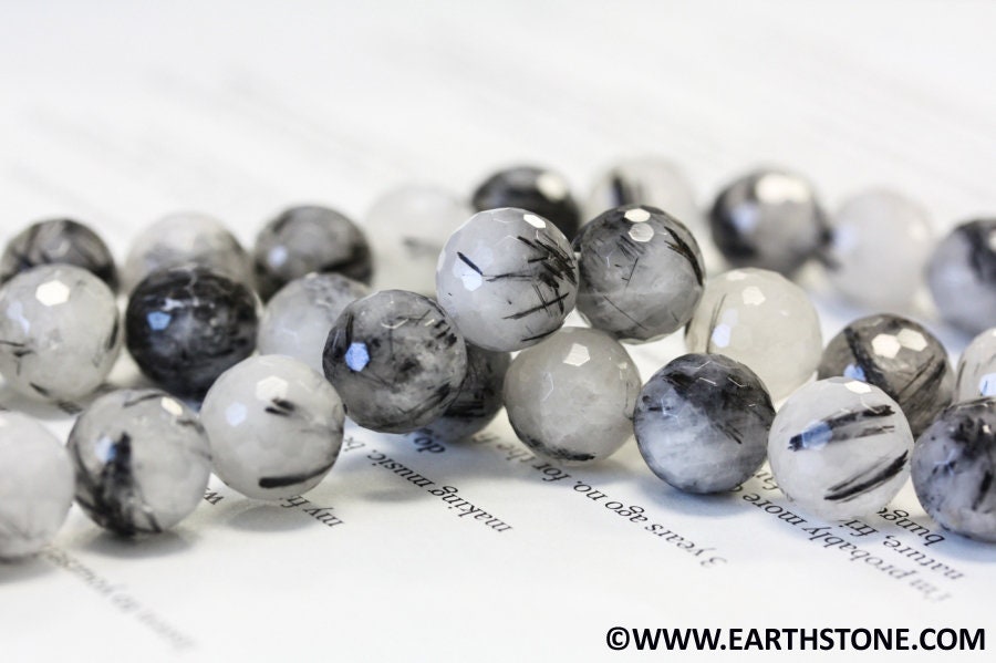 M/ Tourmalinated Quartz 12mm/ 10mm Faceted Round Beads 16" Strand Natural Rutilated Quartz Gemstone Beads For Jewelry Making