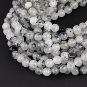 Natural Faceted Black Tourmalinated Quartz Beads Grade AAA - Black Rutiled Quartz Beads - Faceted Round 6mm 8mm 10mm 12mm- Full 15.5"