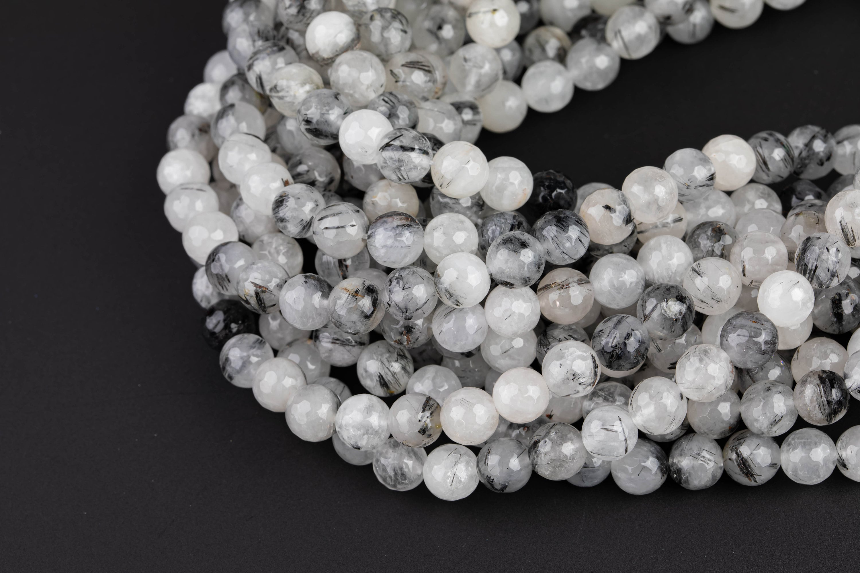 Natural Faceted Black Tourmalinated Quartz Beads Grade Aaa - Black Rutiled Quartz Beads - Faceted Round 6mm 8mm 10mm 12mm- Full 15.5"