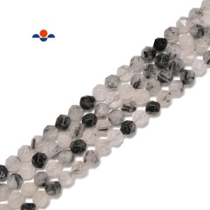 Natural Black Tourmalated Quartz Faceted Star Cut Beads Size 8mm 15.5'' Strand