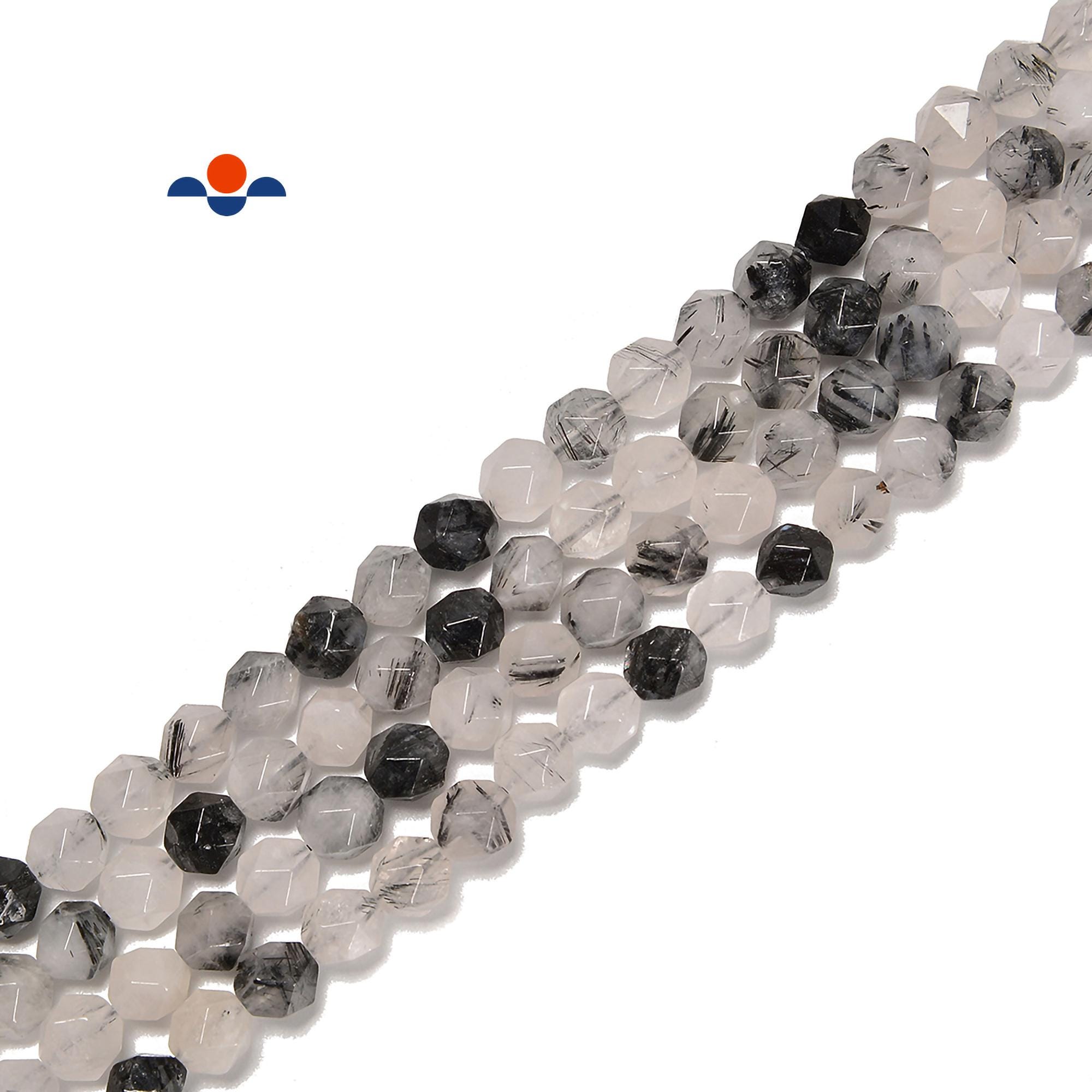 Natural Black Tourmalated Quartz Faceted Star Cut Beads Size 8mm 15.5'' Strand