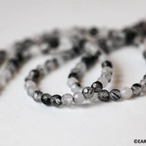 S/ Tourmalinated Quartz 4mm/ 6mm Faceted Round Beads 16" Strand Natural Gemstone For Jewelry Making
