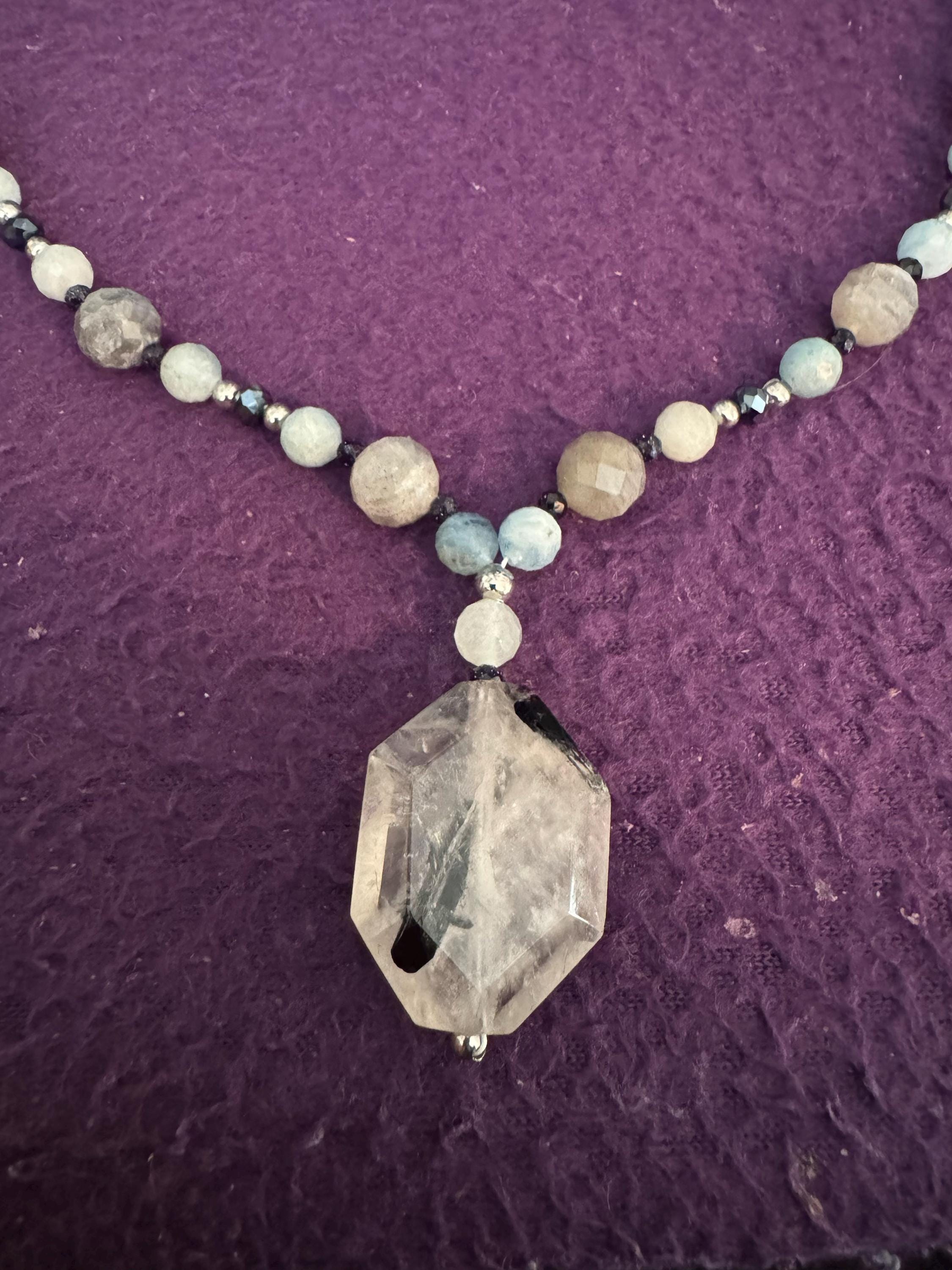 Tourmalinated Quartz, Moonstone & Celestite Necklace | Calming + Grounding Gemstone Jewelry | Handmade In Montana