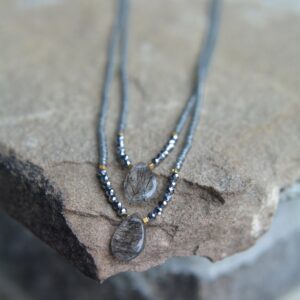Black Tourmalinated Quartz and Terahertz Stone Necklace 16 Inches