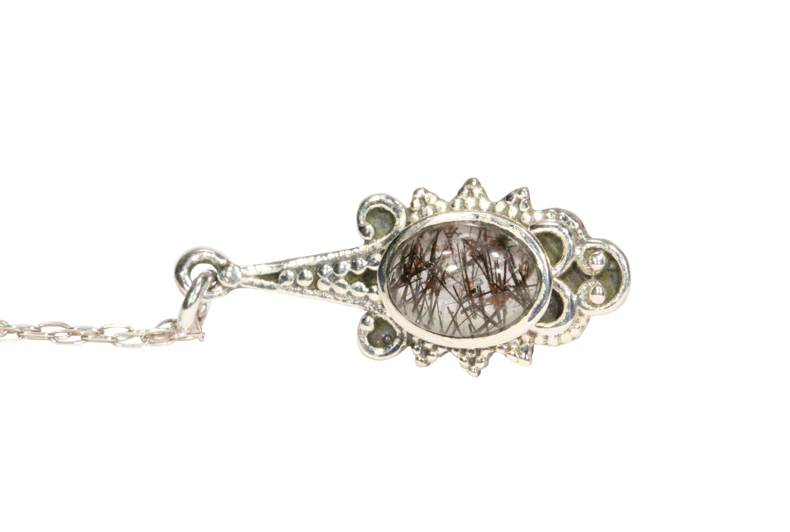 Black Tourmalated Quartz Sterling Silver Necklace: Ornate Goth Crystal