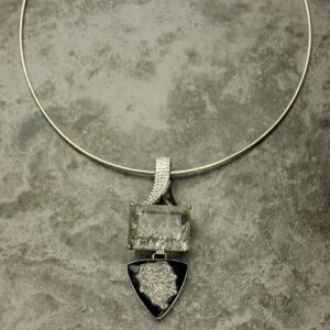 Tourmalinated Quartz Druzy Necklace, Black Platinum Druzy Cabochon in Sterling Silver Omega Chain