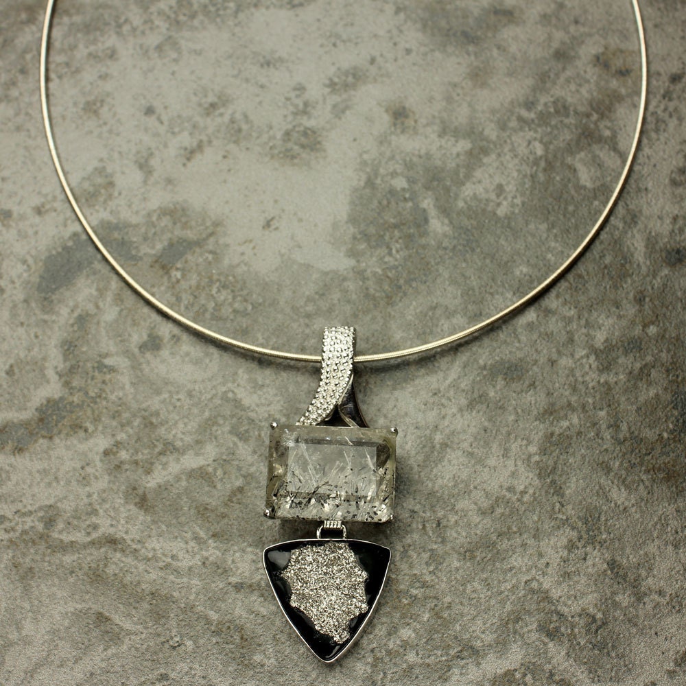 Tourmalinated Quartz Druzy Necklace, Black Platinum Druzy Cabochon In Sterling Silver Omega Chain