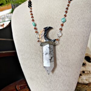 Large Crystal Moon Necklace w/ Tourmalated Quartz & Palm Root Stone