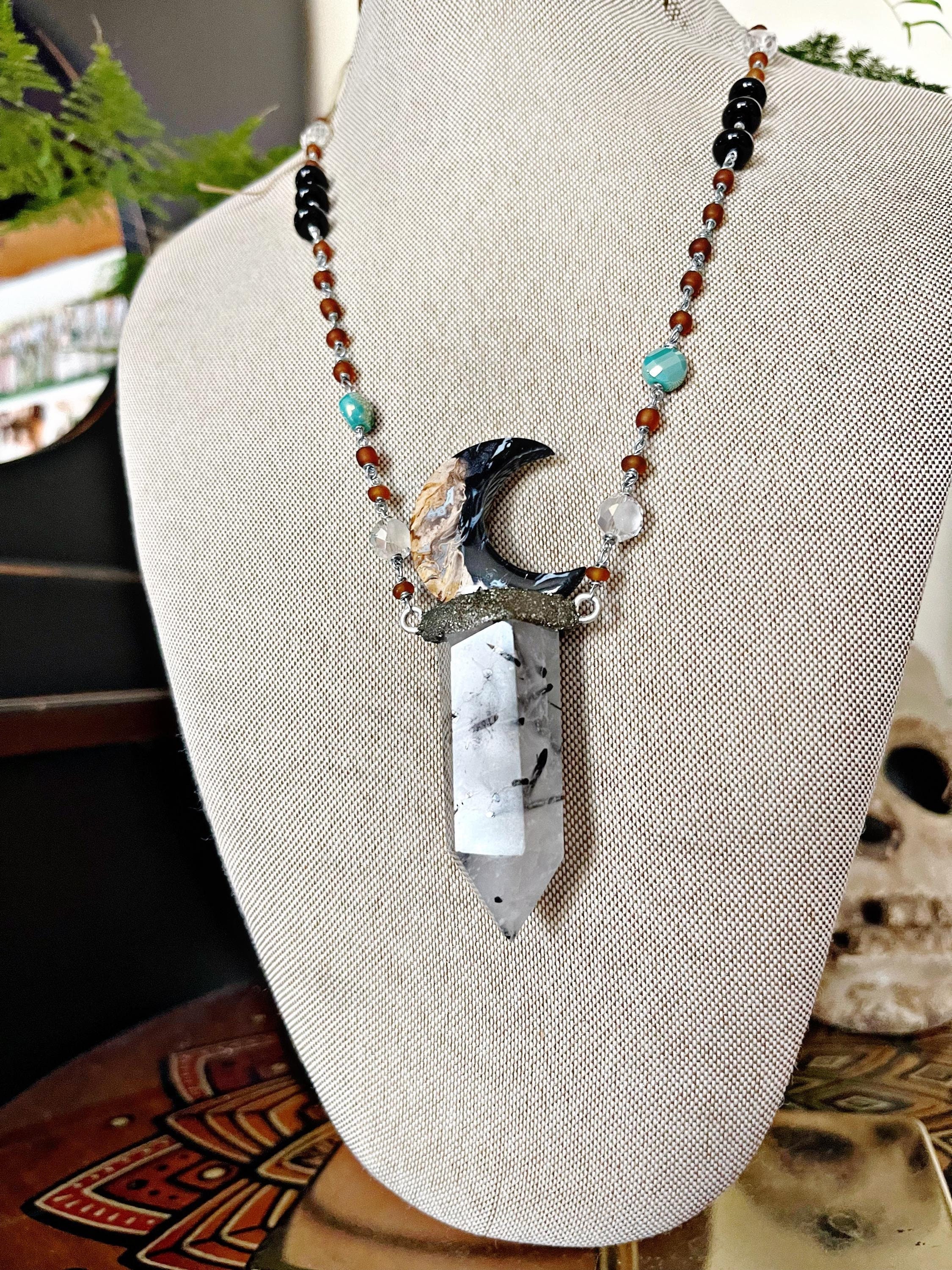 Large Crystal Moon Necklace W/ Tourmalated Quartz & Palm Root Stone Large Crystal Moon Necklace W/ Tourmalated Quartz & Palm Root Stone