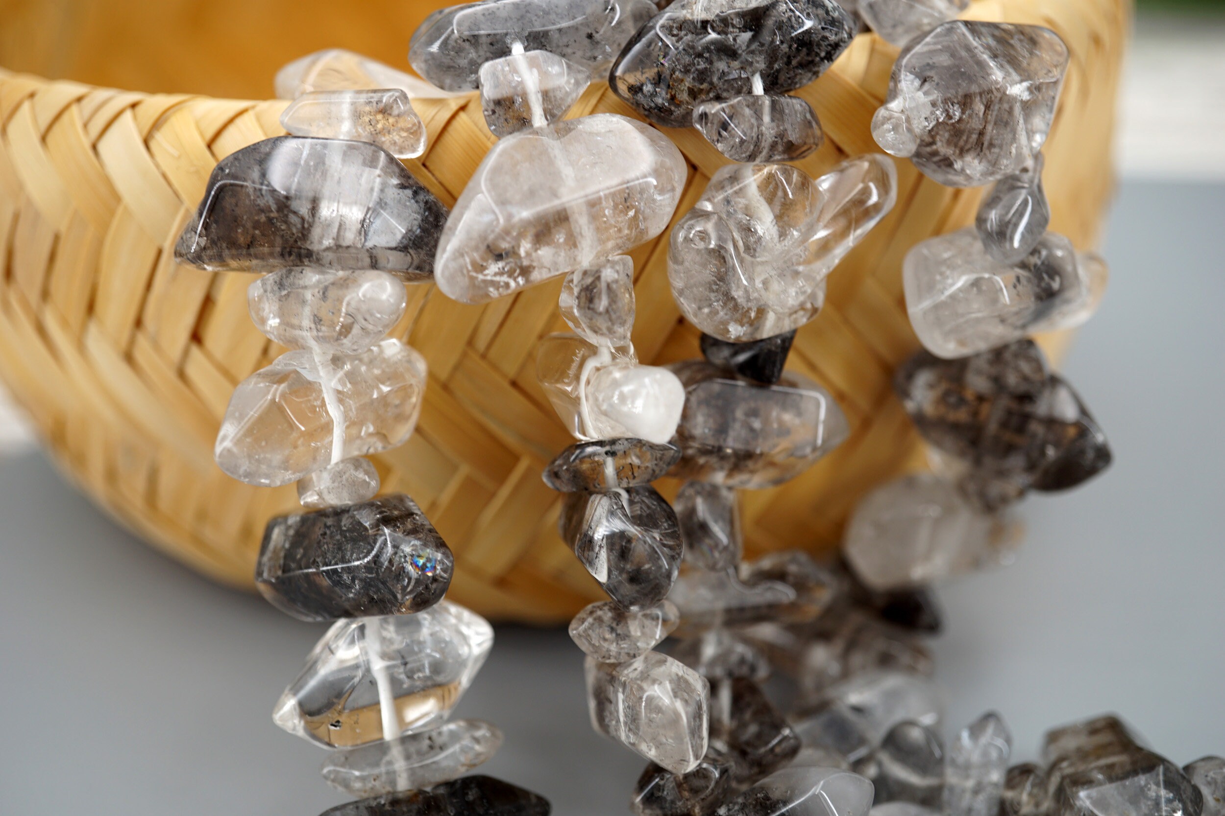 Tourmalinated Quartz Beads, Polished Unshaped Gemstone Strand