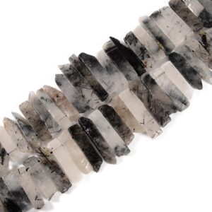 Black Tourmalinated Quartz Graduated Slice Stick Points Beads 25-45mm 15.5"strnd