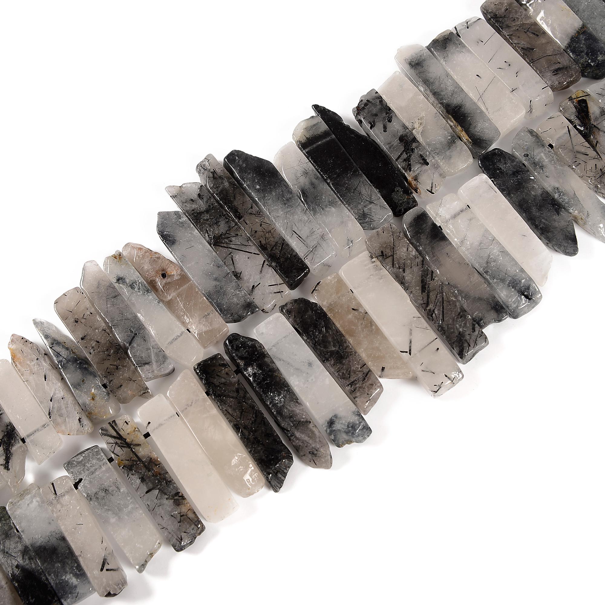 Black Tourmalinated Quartz Graduated Slice Stick Points Beads 25-45mm 15.5"strnd