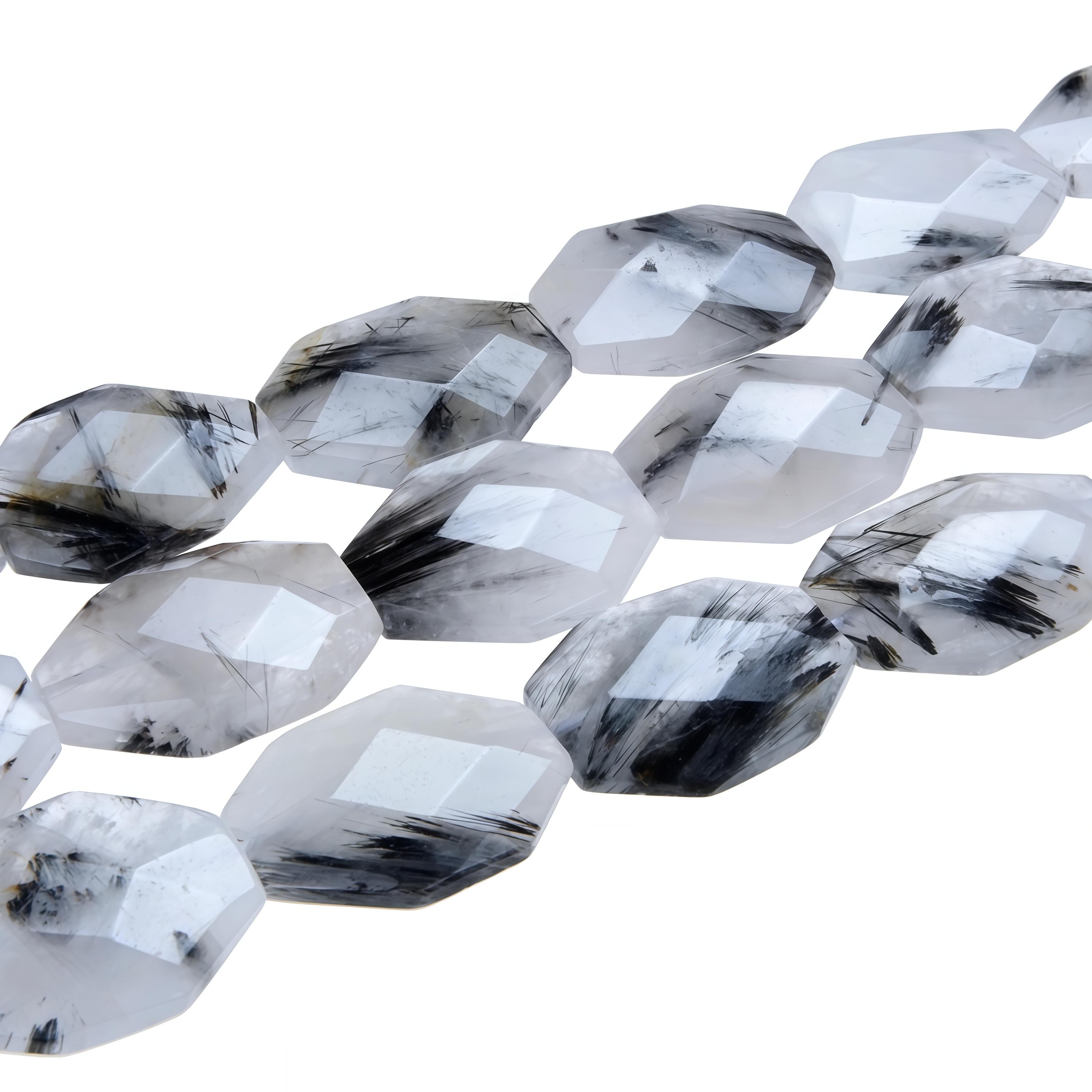 Black Tourmalinated Quartz Faceted Oval Beads Approx 30x40mm 15.5" Strand
