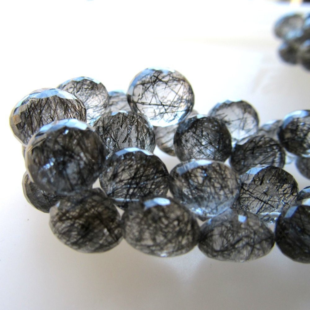 Black Tourmalinated Quartz Briolette Beads: Micro Faceted Onion Drops, 2-inch Strand