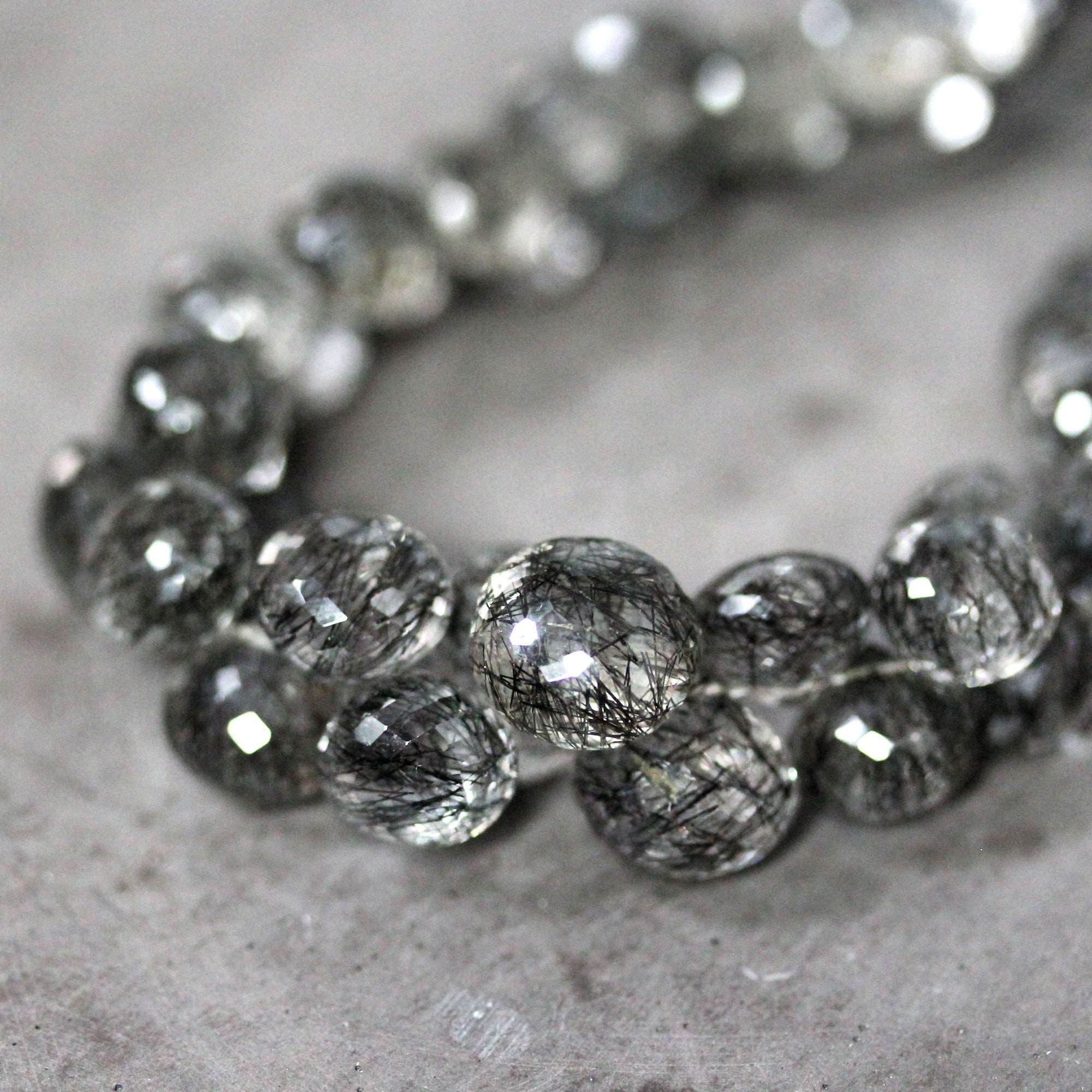 Black Tourmalated Quartz Briolettes - 4 Inch Strand