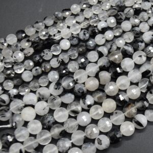 Tourmalinated Quartz Gemstone Faceted Coin Disc Beads - 6mm & 8mm Sizes - 15" Strand