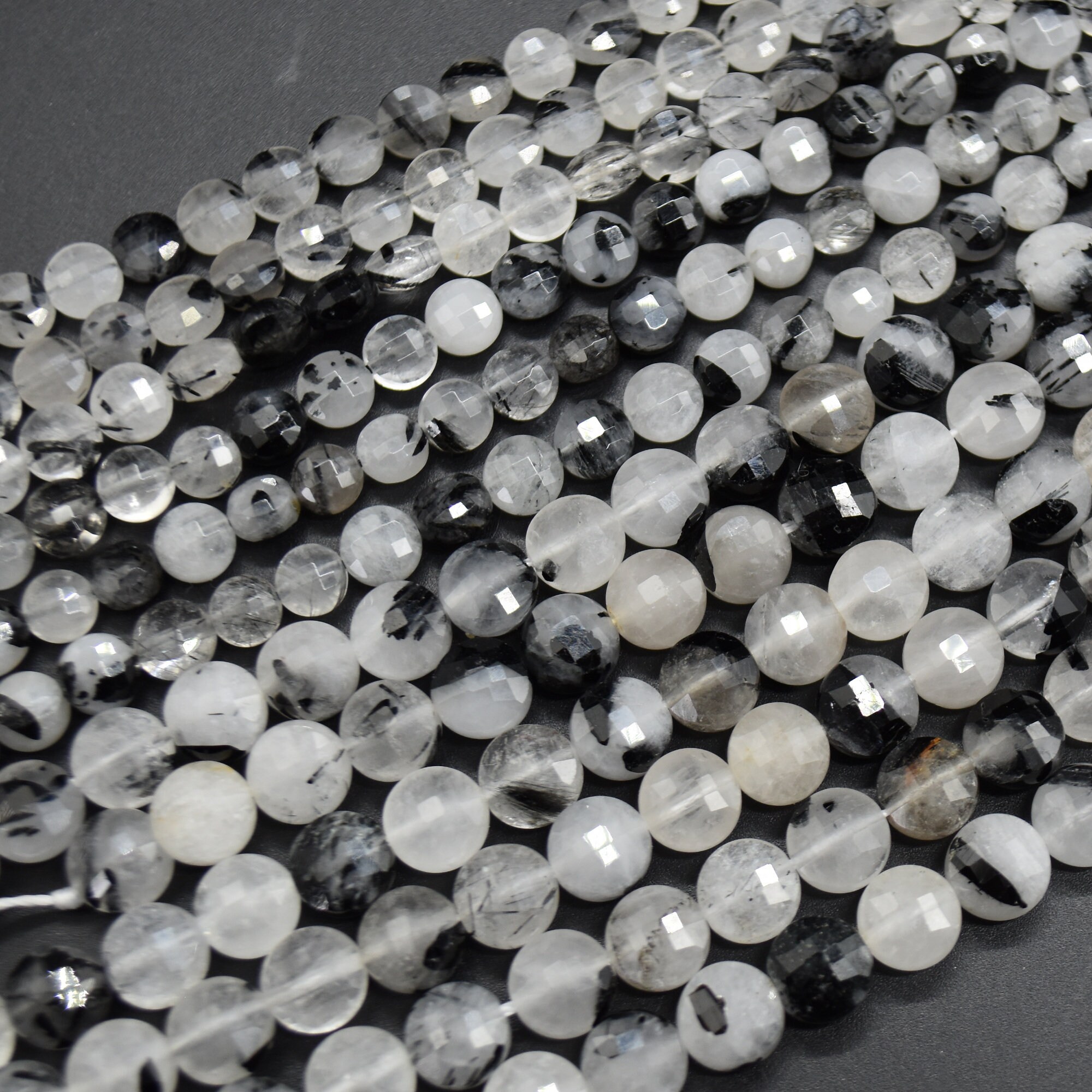 Tourmalinated Quartz Gemstone Faceted Coin Disc Beads - 6mm & 8mm Sizes - 15" Strand