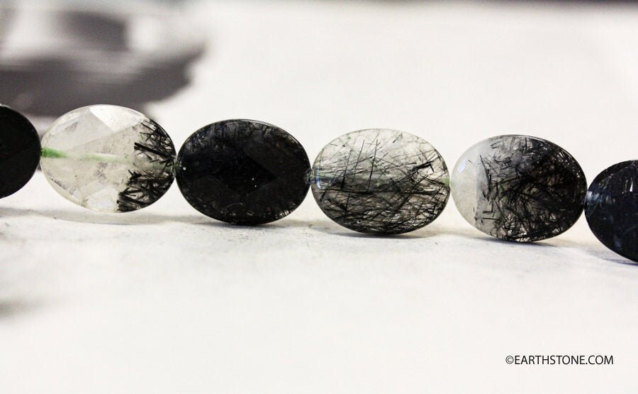 L/ Tourmalinated Quartz 14x18mm/ 16x20mm Faceted Flat Oval Beads 16" Strand Natural Gemstone For Jewelry Making