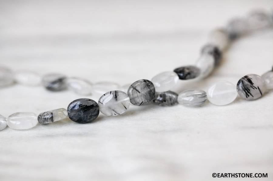 M/ Tourmalinated Quartz 8x10mm/ 10x14mm Flat Oval Beads 16" Strand Natural Gemstone For Jewelry Making