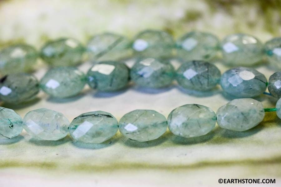M/ Green Tourmalinated Quartz 10x15mm Faceted Oval Beads 15.5" Strand Natural Green Gemstone Quartz Beads For Jewelry Making