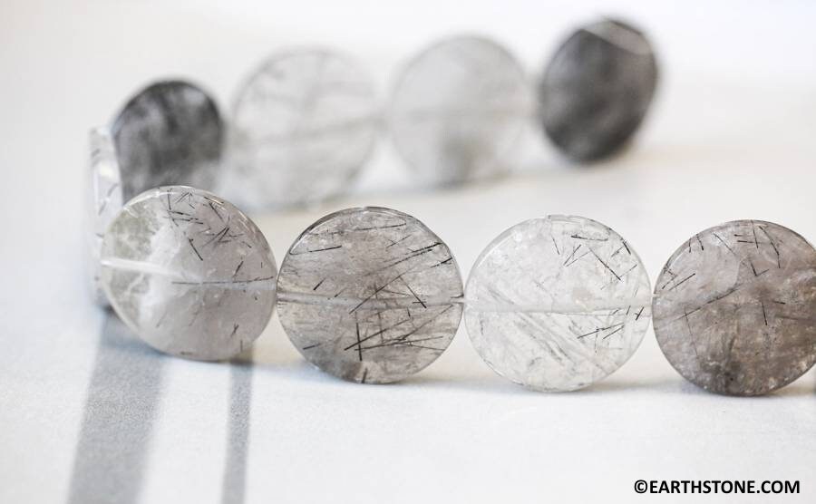 Tourmalinated Quartz 35mm Coin Beads 15.5" Strand