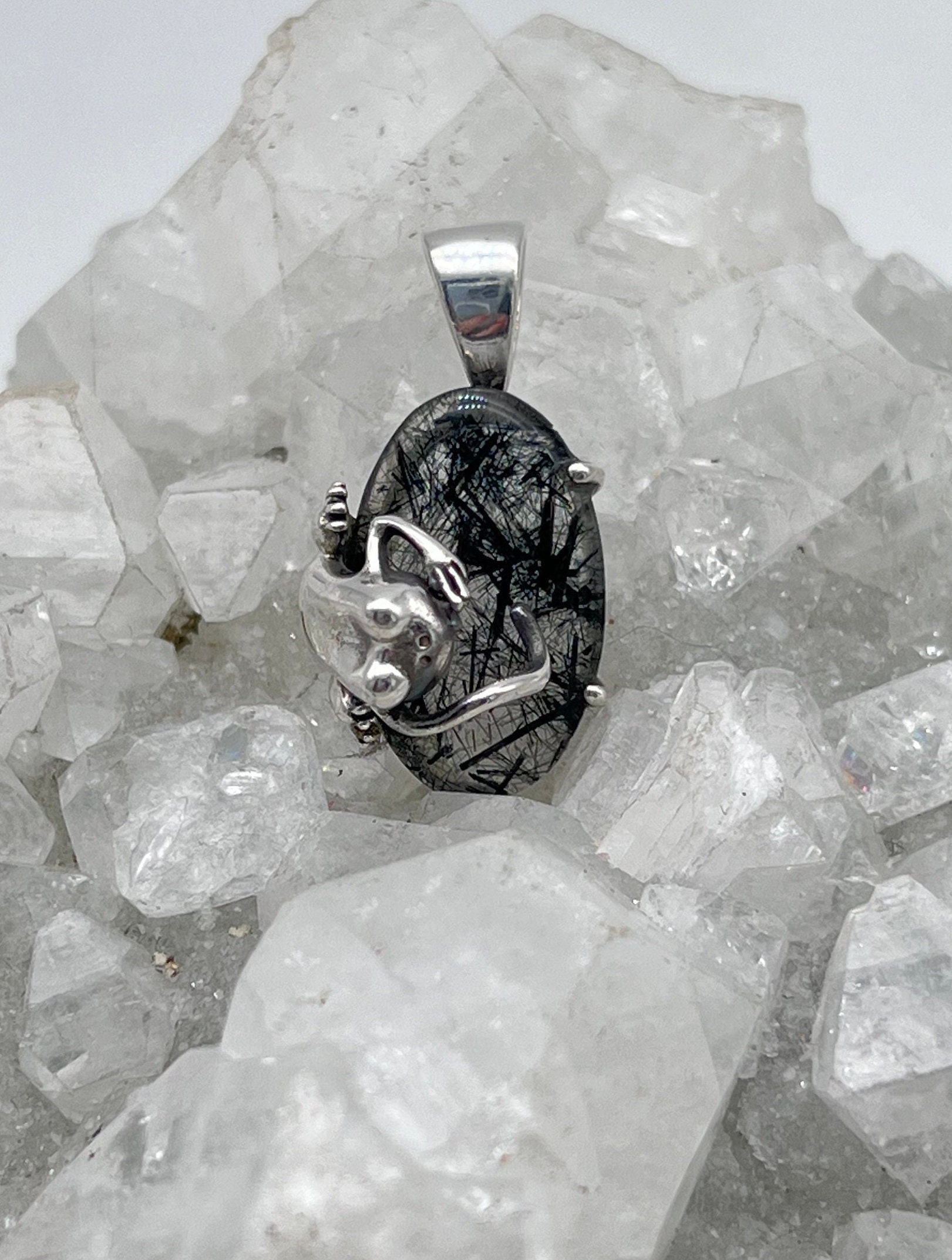 Beautiful Black Tourmalinated Quartz Frog Pendant