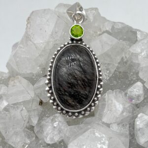 Black Tourmalinated Quartz And Green Crystal Pendant