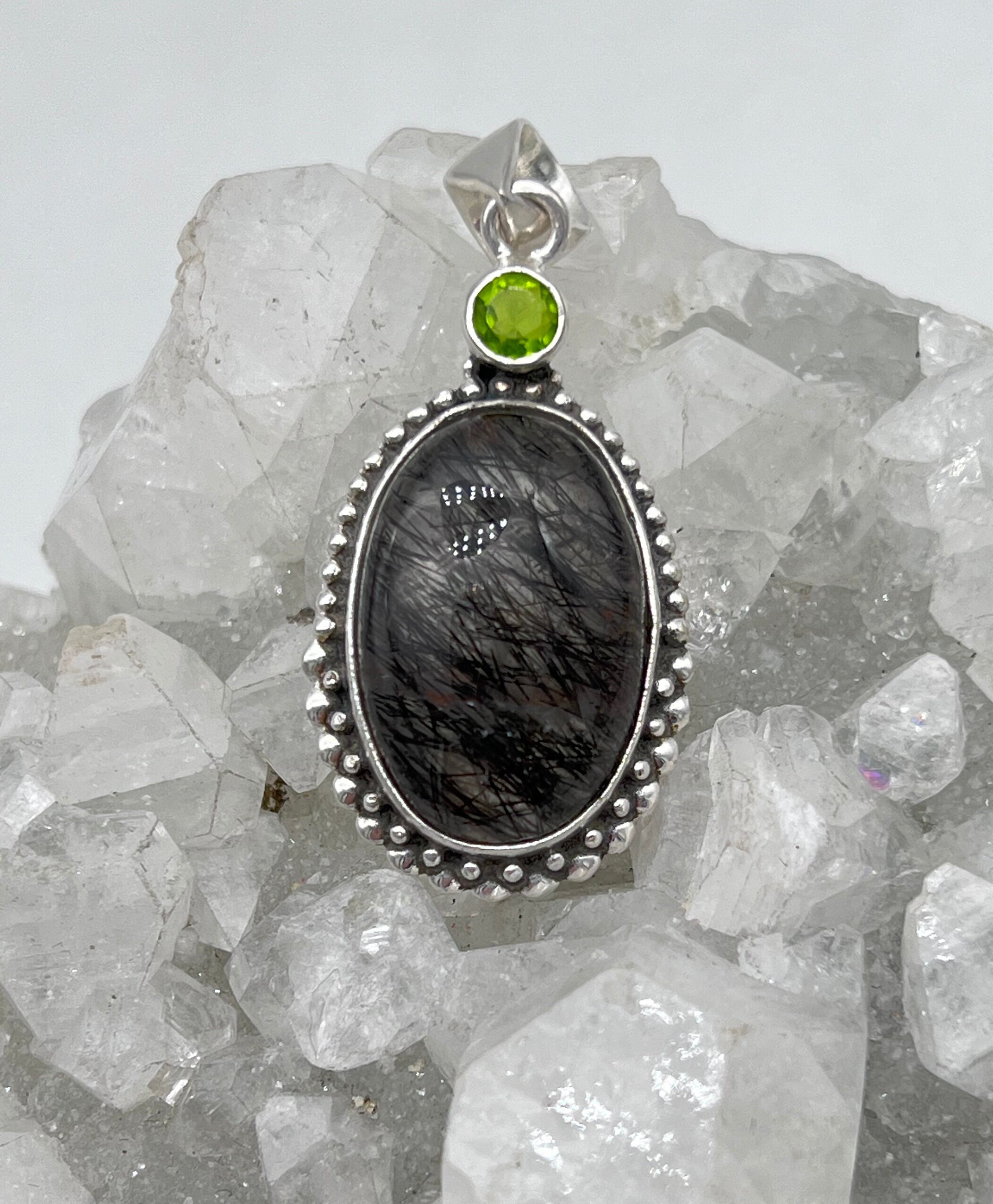 Black Tourmalinated Quartz And Green Crystal Pendant
