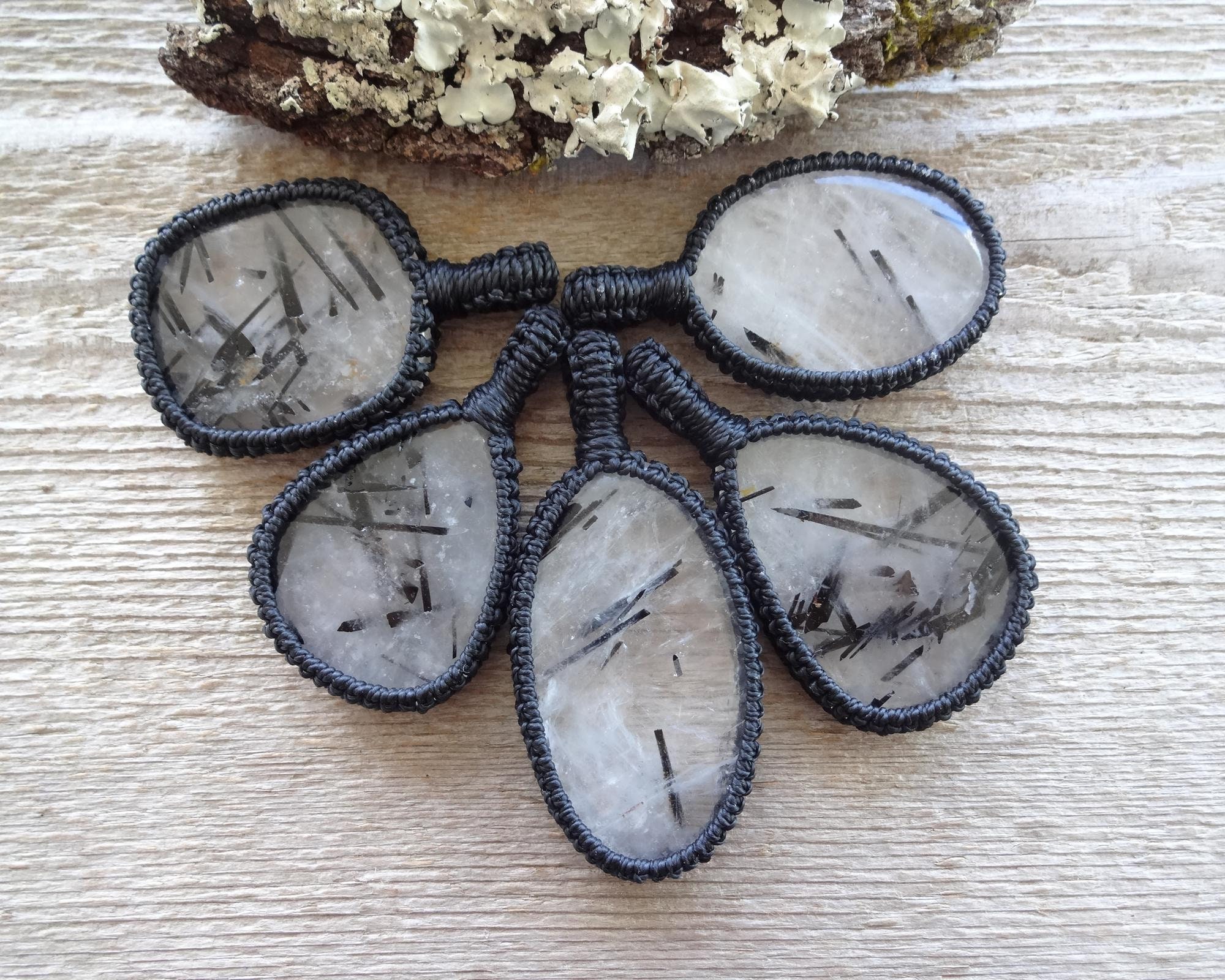 Black Rutilited Quartz Macrame Necklace, Rutile Tourmalated Quartz Jewelry, Protection Gemstone Pendants, Gift For Him