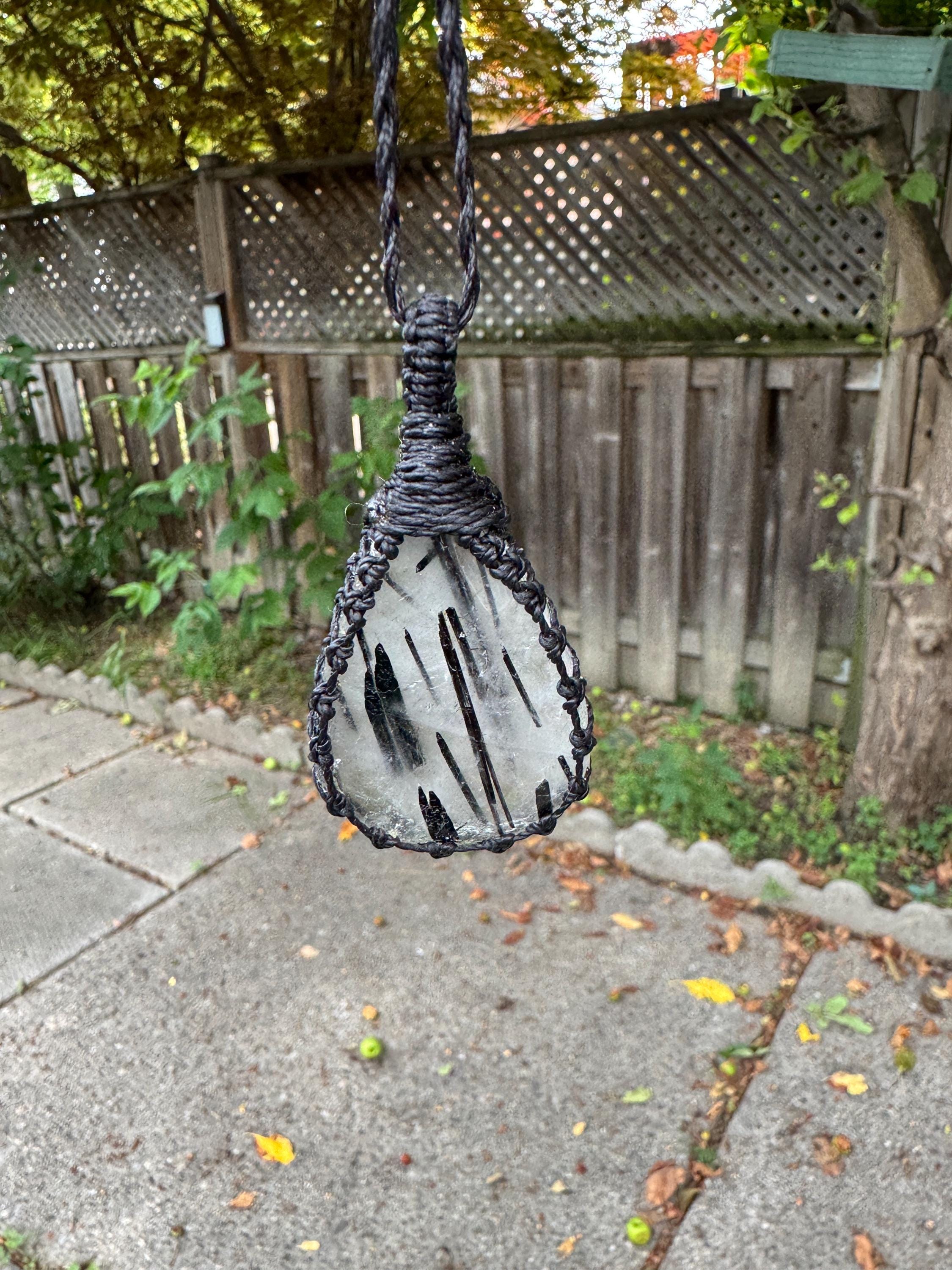 Black Tourmalated Quartz Necklace, Healing Crystal Pendant, Macrame Jewelry Black Tourmalated Quartz Necklace, Healing Crystal Pendant, Macrame Jewelry