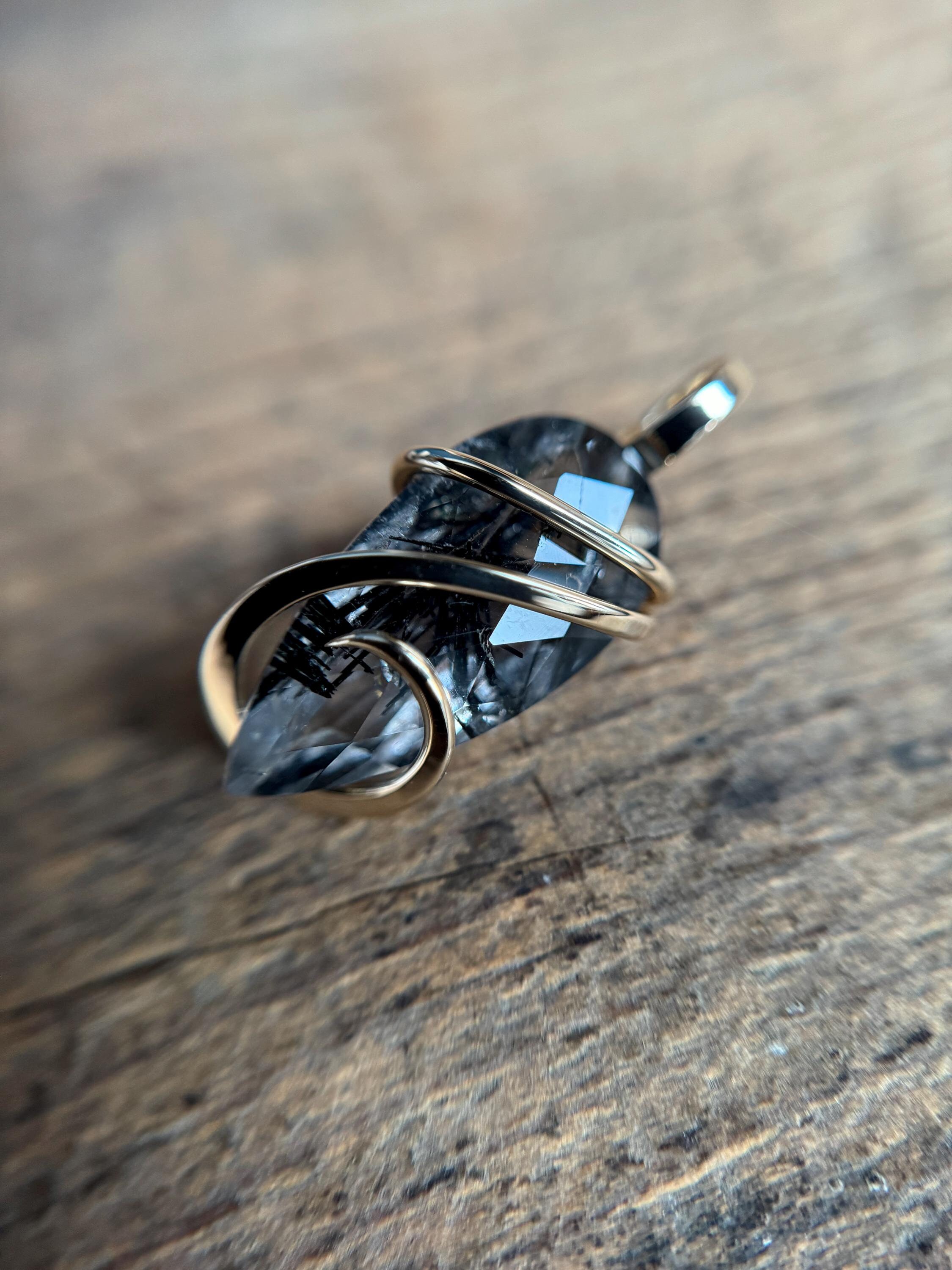 Faceted Tourmalinated Quartz In 14k Gold Pendant