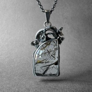 Flower Design Black Tourmalinated Quartz Silver Necklace, Black Rutilated Quartz Pendant, Black Tourmaline Quartz Men Necklace, Gift for Her