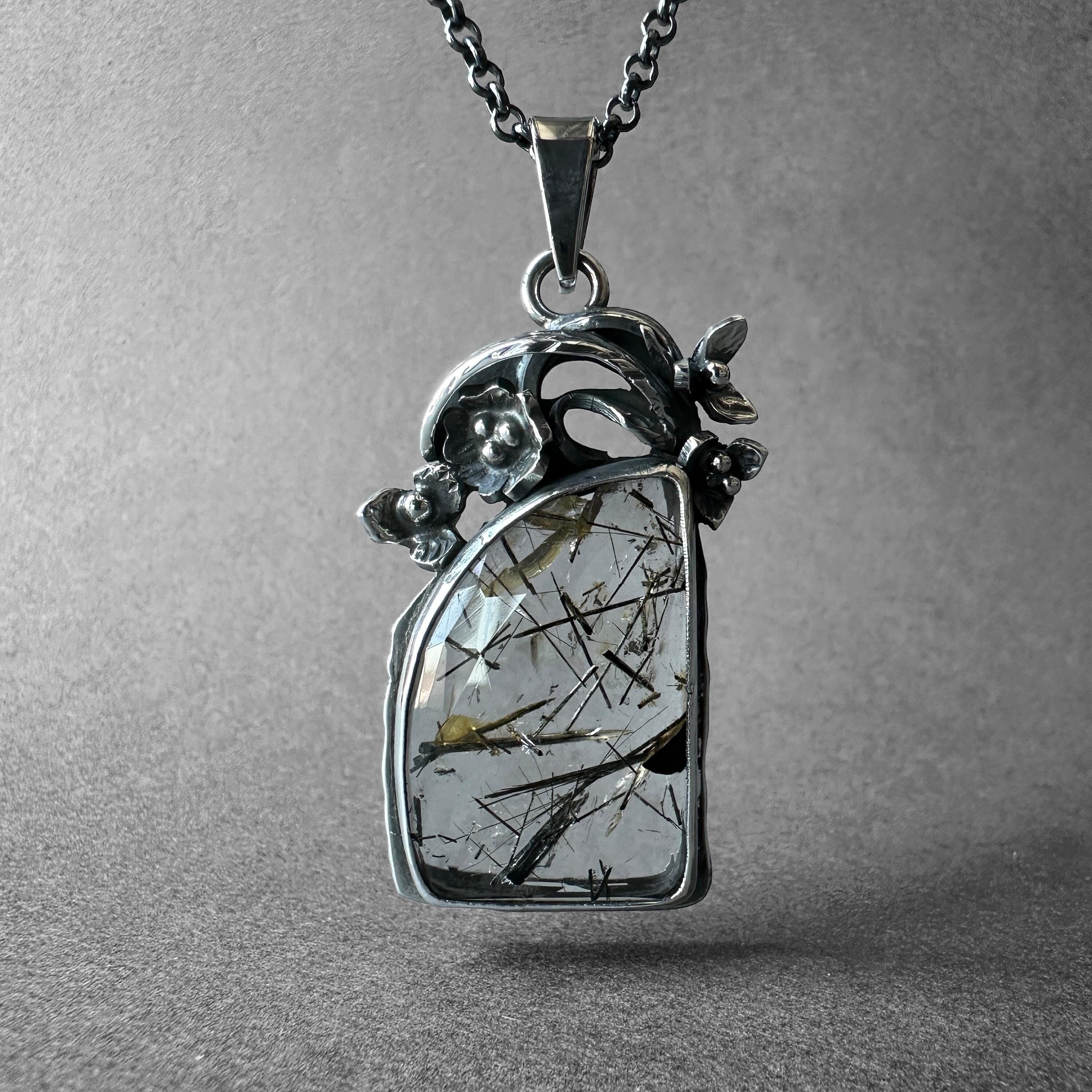Flower Design Black Tourmalinated Quartz Silver Necklace, Black Rutilated Quartz Pendant, Black Tourmaline Quartz Men Necklace, Gift For Her