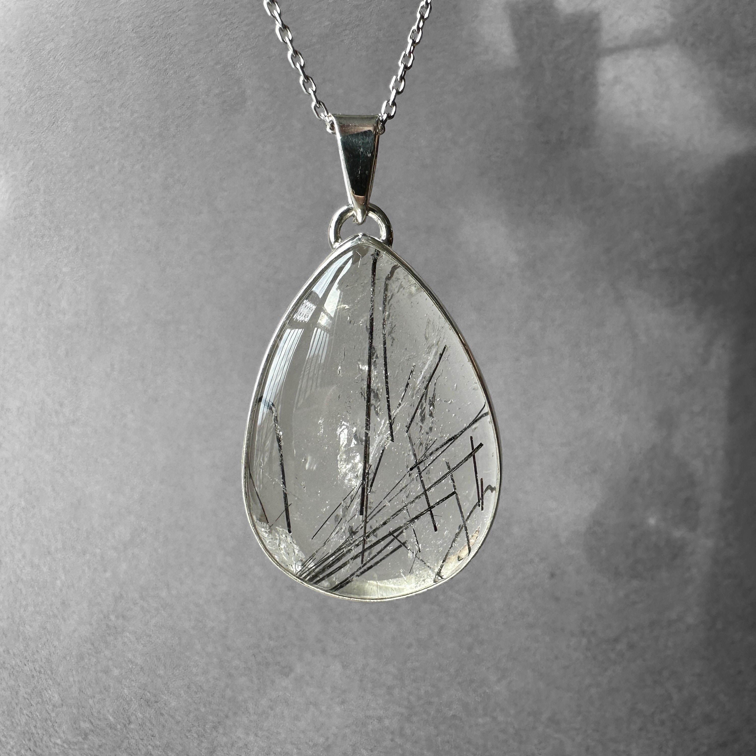 Gorgeous Black Tourmalinated Quartz Silver Necklace, Black Rutilated Quartz Pendant, Special Piece, Genderless Jewelry, Quartz Men Necklace