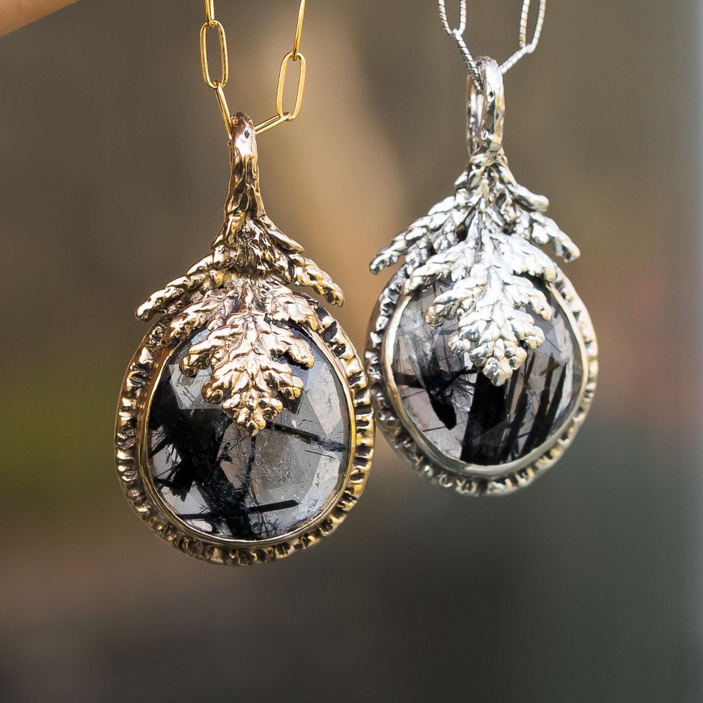 Tourmalinated Quartz Juniper Leaf Pendant: Bronze Or Sterling Silver