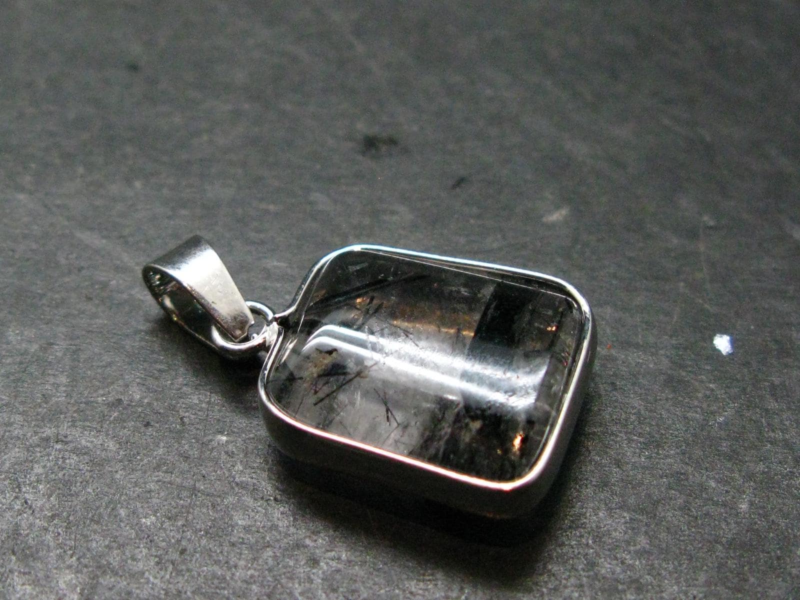 Large Tourmalinated Quartz Crystal Silver Plated Pendant From Brazil - 1.1" - 4.14 Grams Large Tourmalinated Quartz Crystal Silver Plated Pendant From Brazil - 1.1" - 4.14 Grams